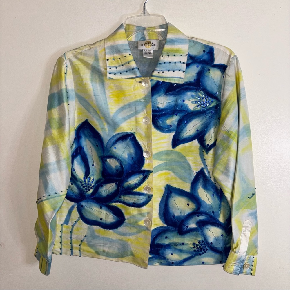 Sandy Starkman 100% Silk Jacket S Hand-Painted Blue Lotus Flower Sequin Art